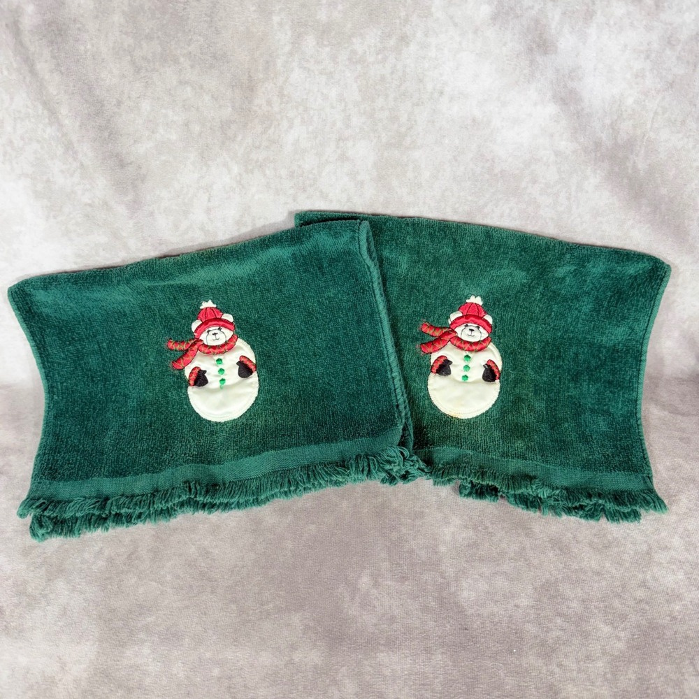 Vtg Christmas Fingertip Towels Lot 2 Green Embroidered Teddy Bear Snowman Fringe